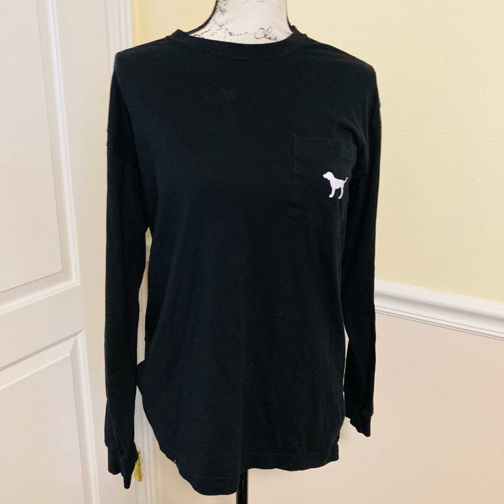 NEW VICTORIA SECRET PINK BLACK CREW LONG SLEEVE VARSITY TOP